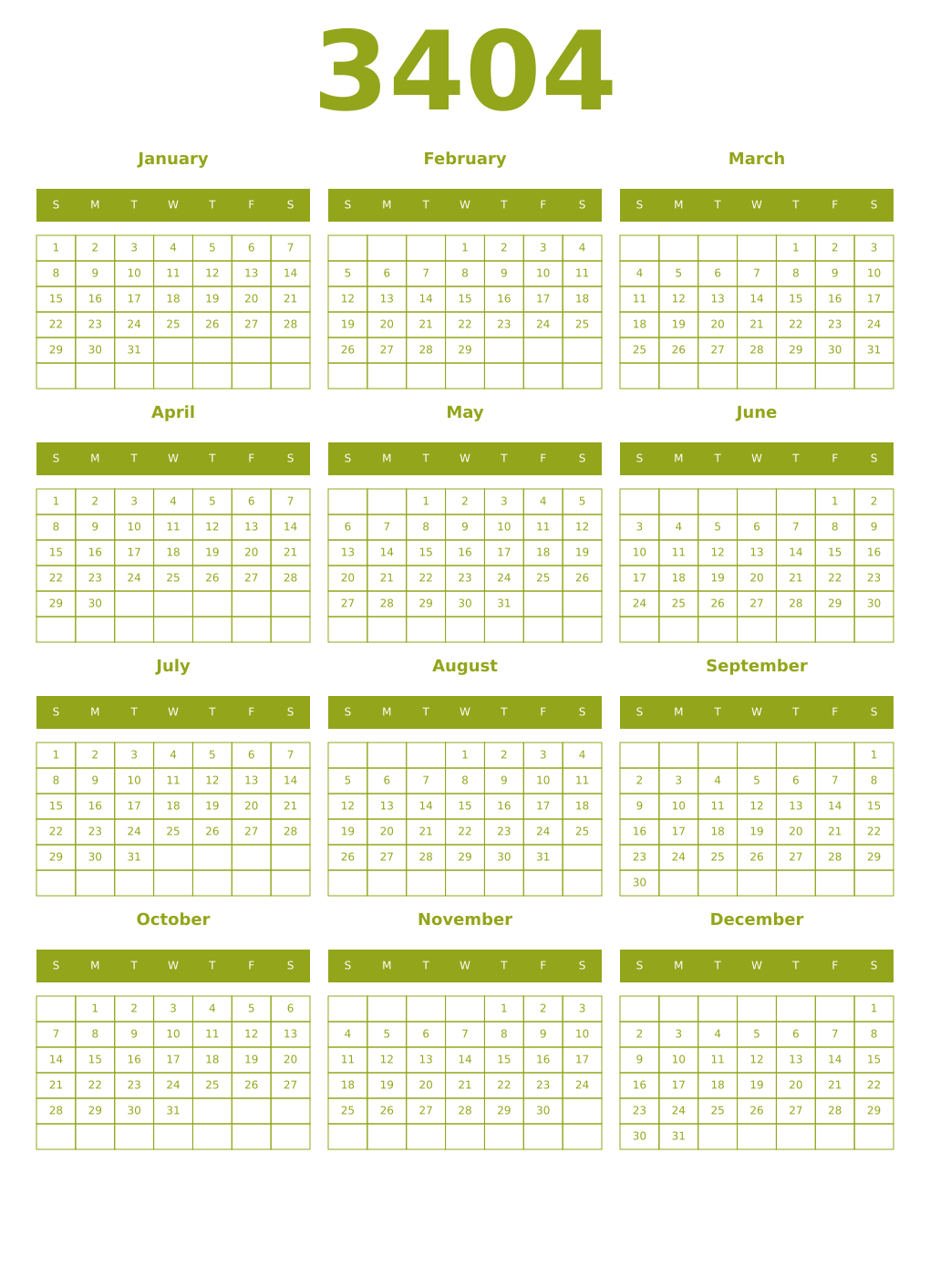 Printable 3404 Year Calendars chartreuse