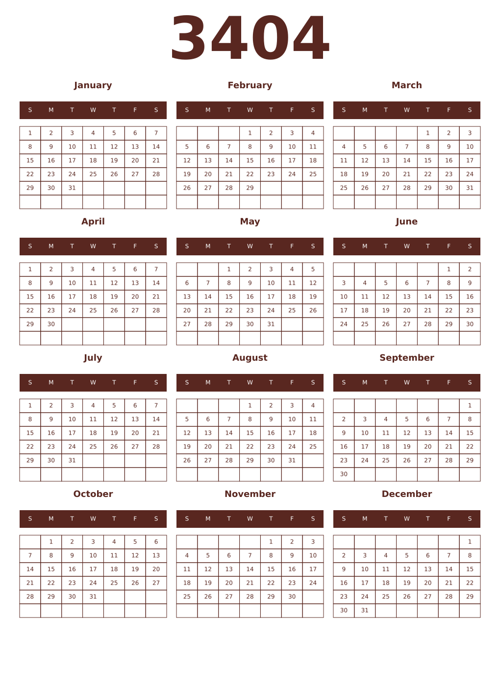 Printable 3404 Year Calendars mortuum