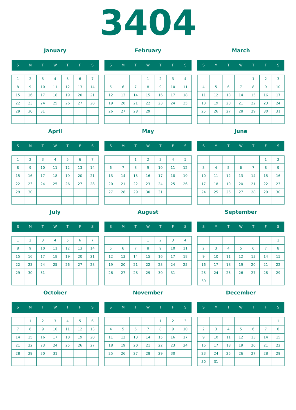 Printable 3404 Year Calendars pastel