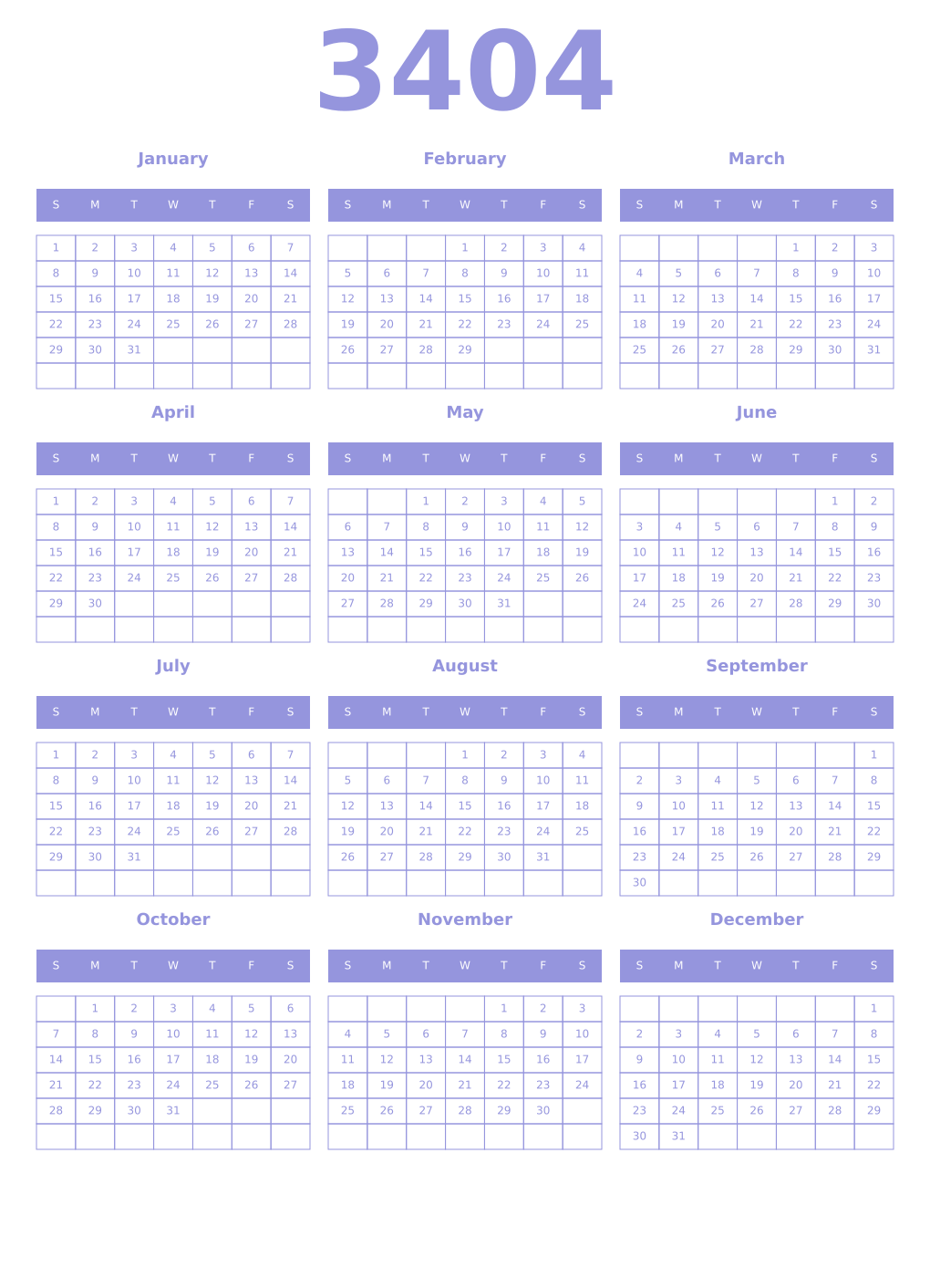 Printable 3404 Year Calendars periwinkle