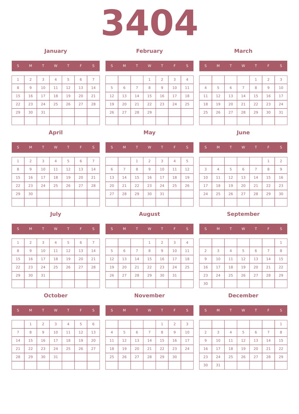 Printable 3404 Year Calendars puce