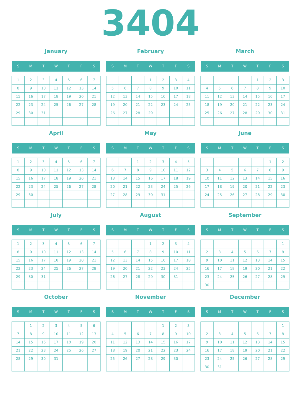 Printable 3404 Year Calendars verdigris