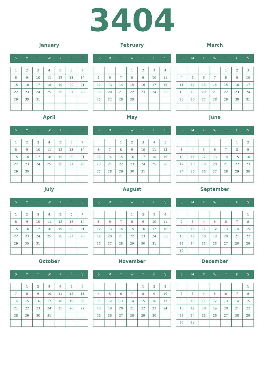 Printable 3404 Year Calendars viridian