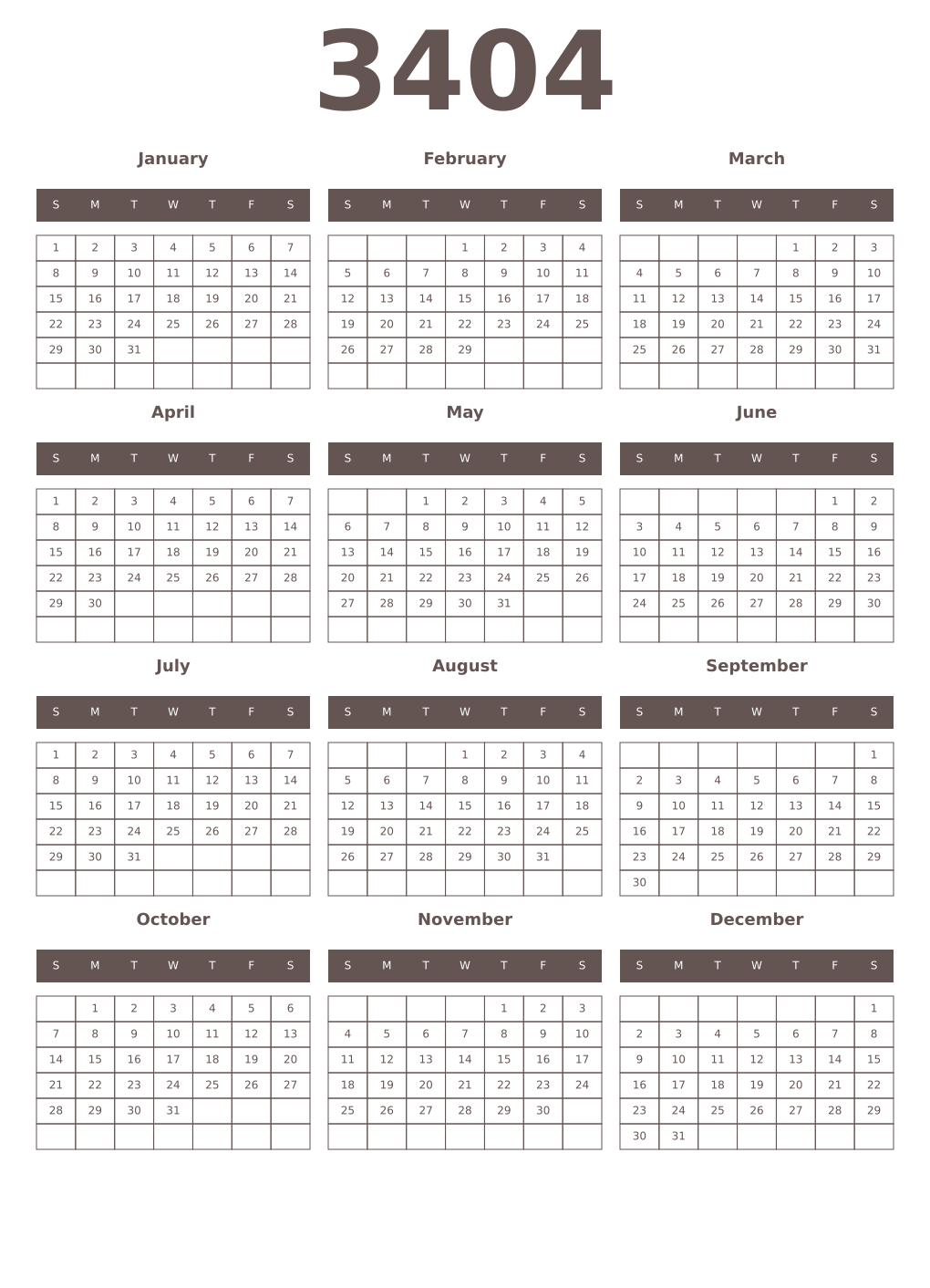 Printable 3404 Year Calendars wenge