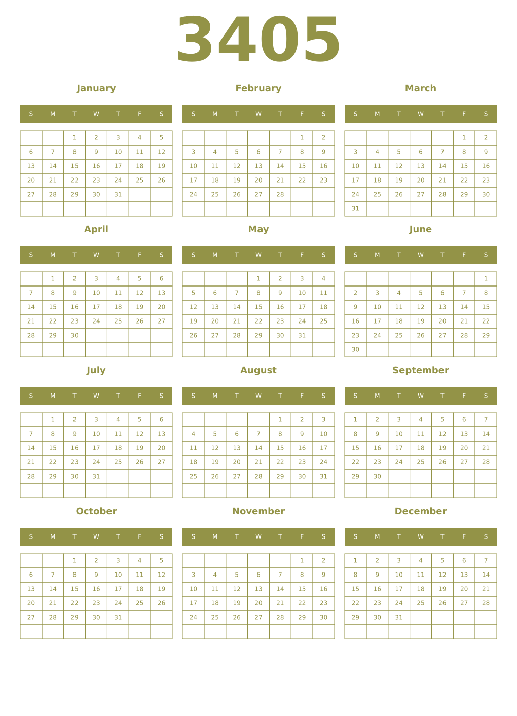 Printable 3405 Year Calendars eburnean