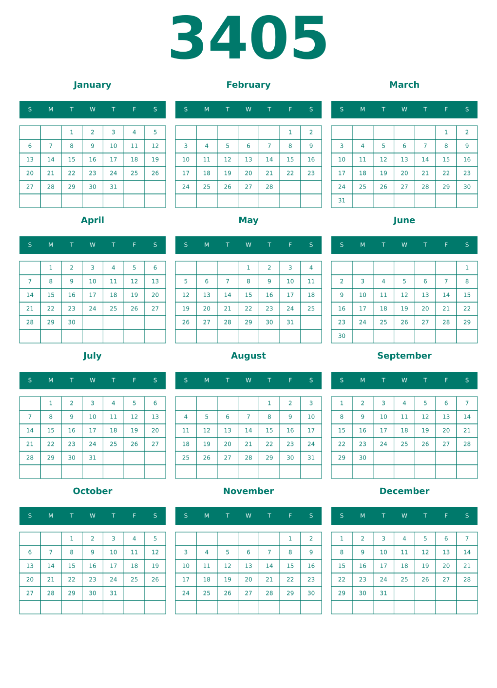 Printable 3405 Year Calendars pastel
