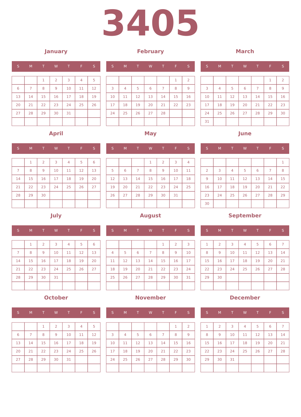 Printable 3405 Year Calendars puce