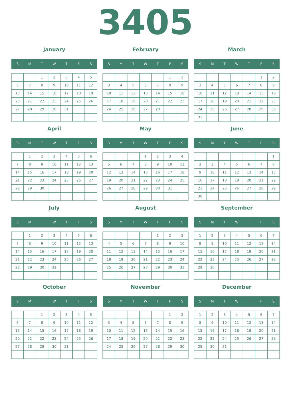 Printable 3405 Year Calendars viridian