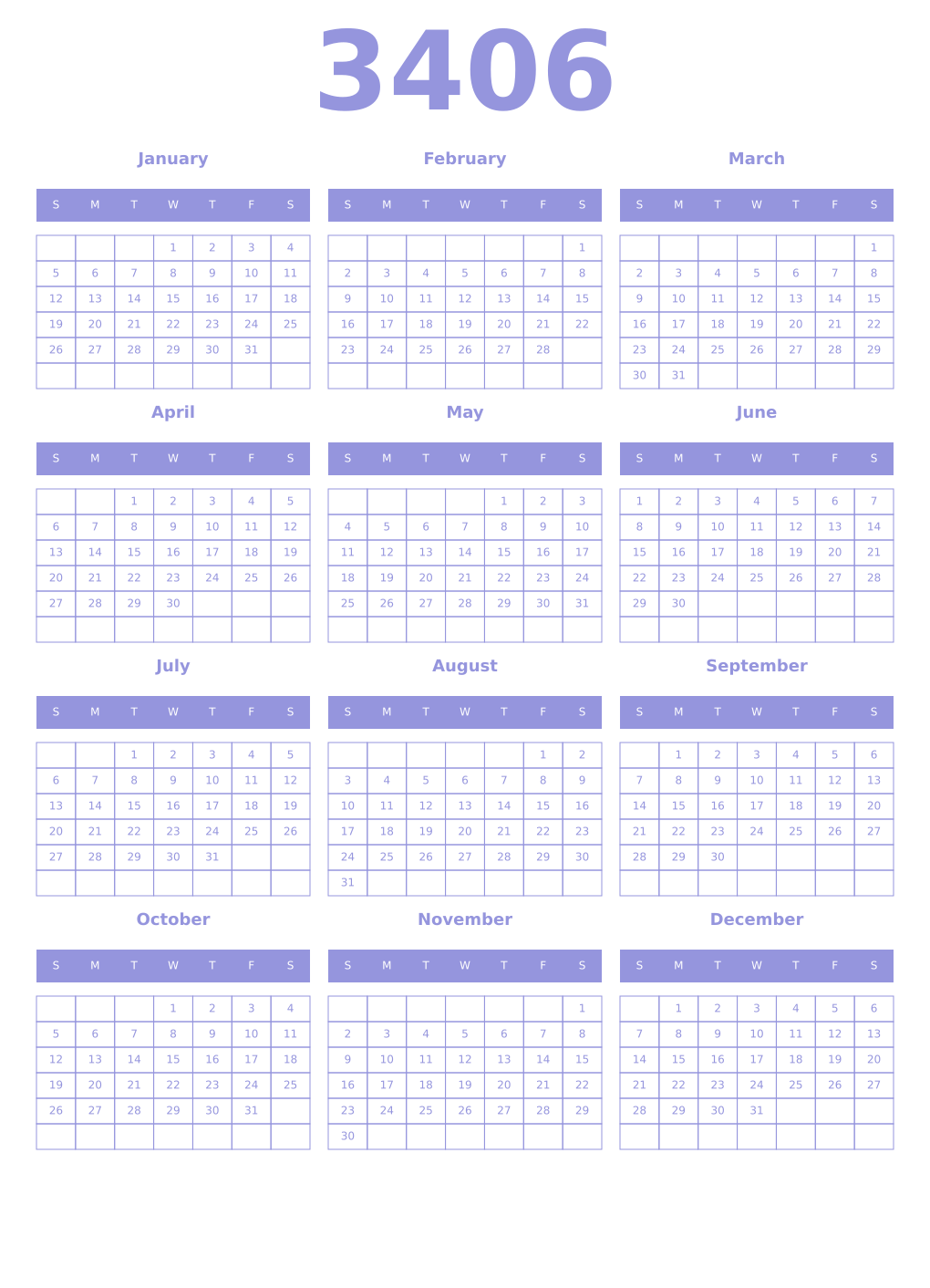 Printable 3406 Year Calendars periwinkle