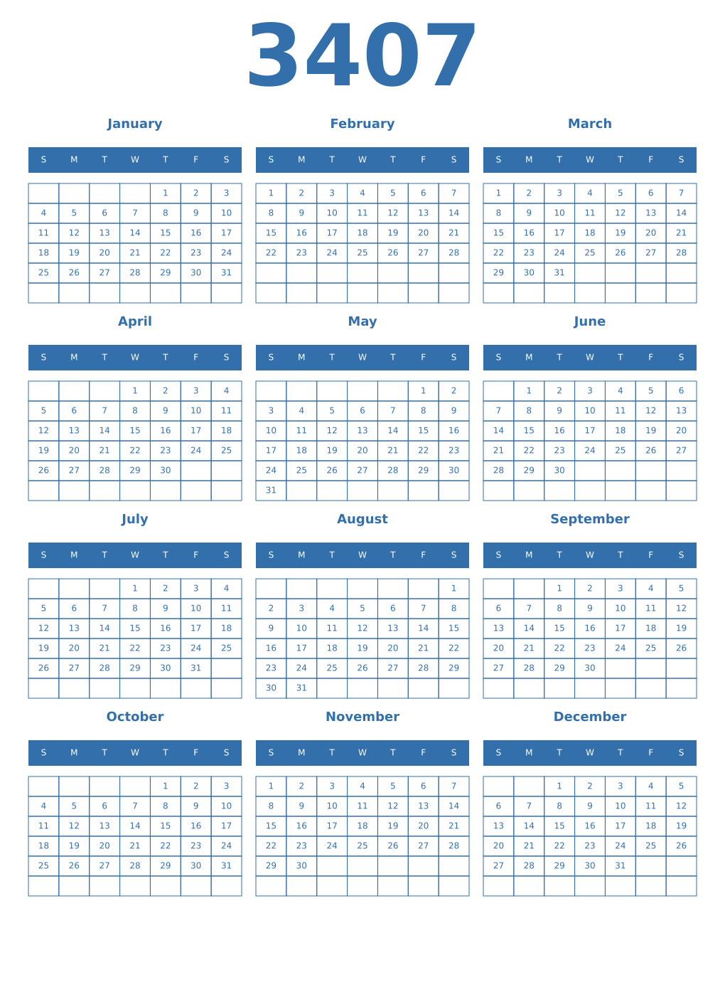 Printable 3407 Year Calendars blue