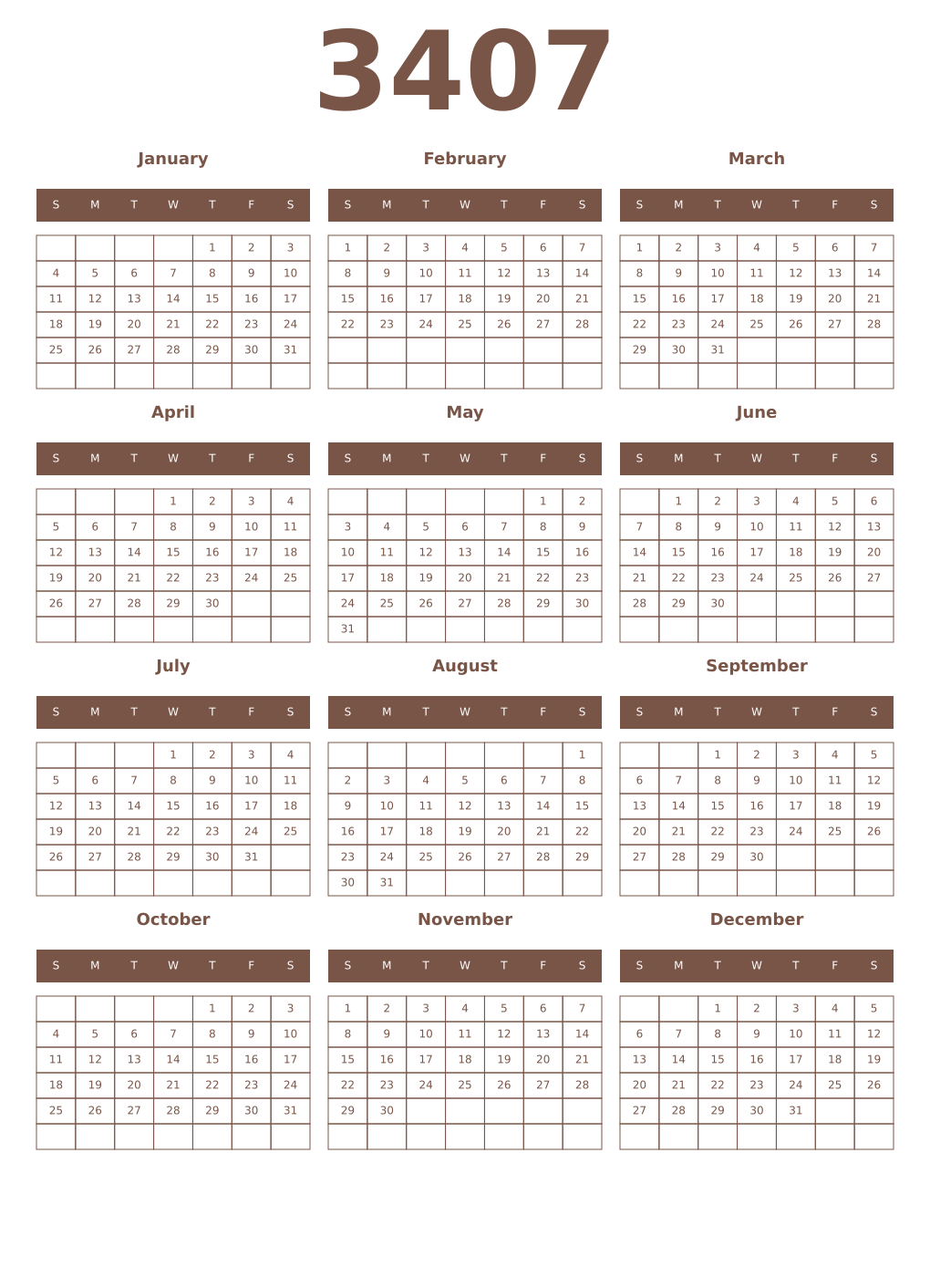 Printable 3407 Year Calendars coffe
