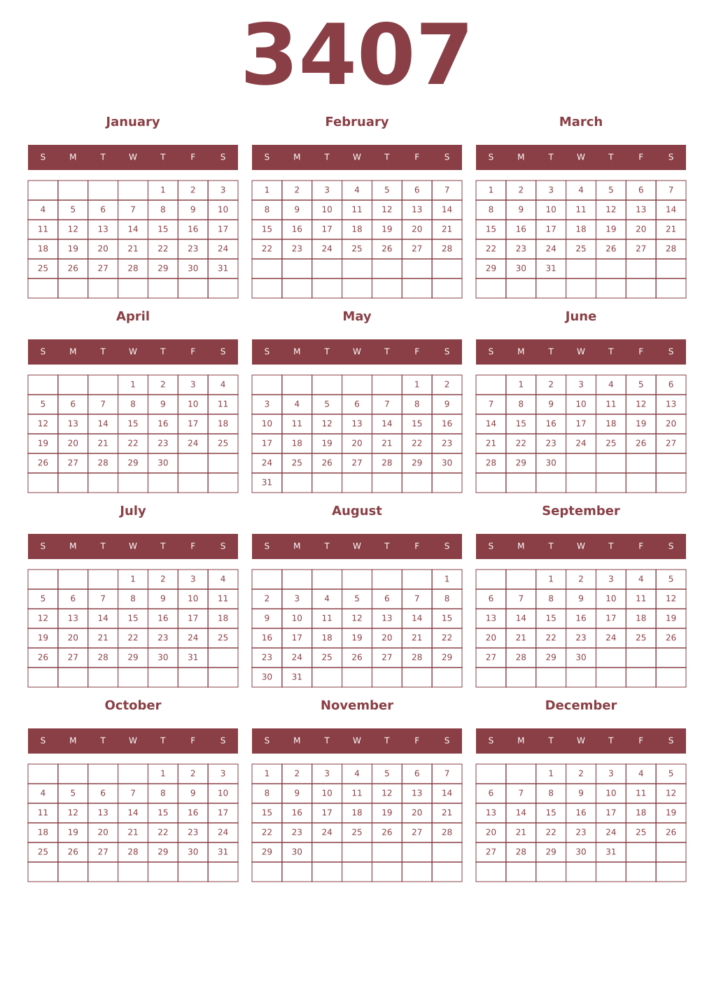 Printable 3407 Year Calendars cordovan