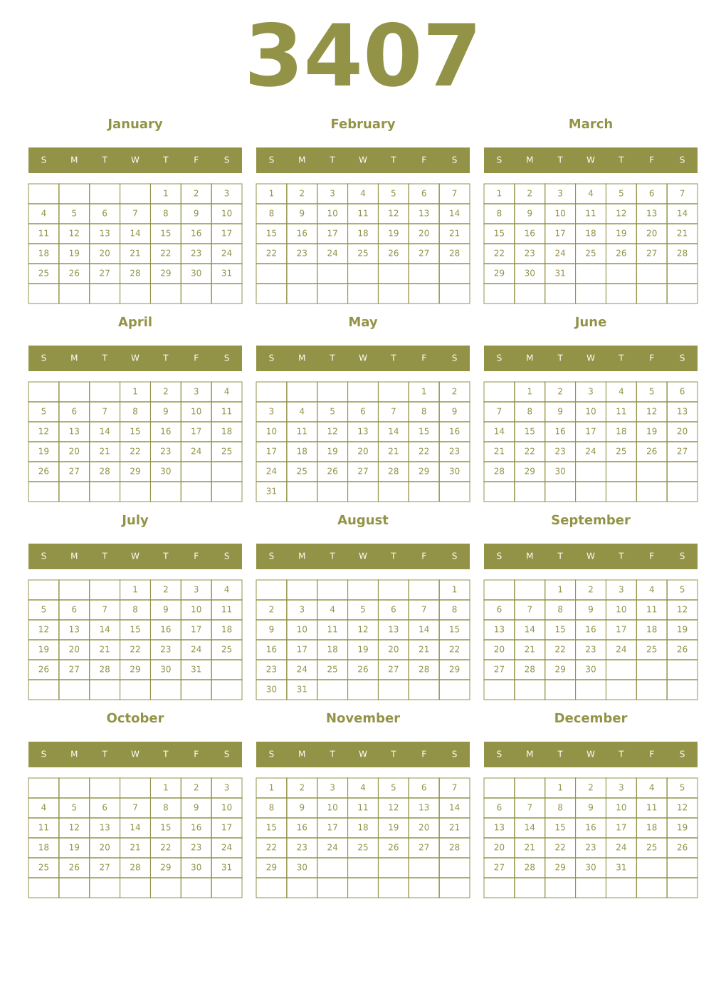 Printable 3407 Year Calendars eburnean