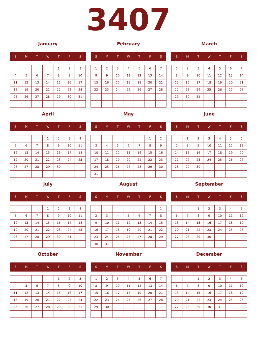 Printable 3407 Year Calendars falu