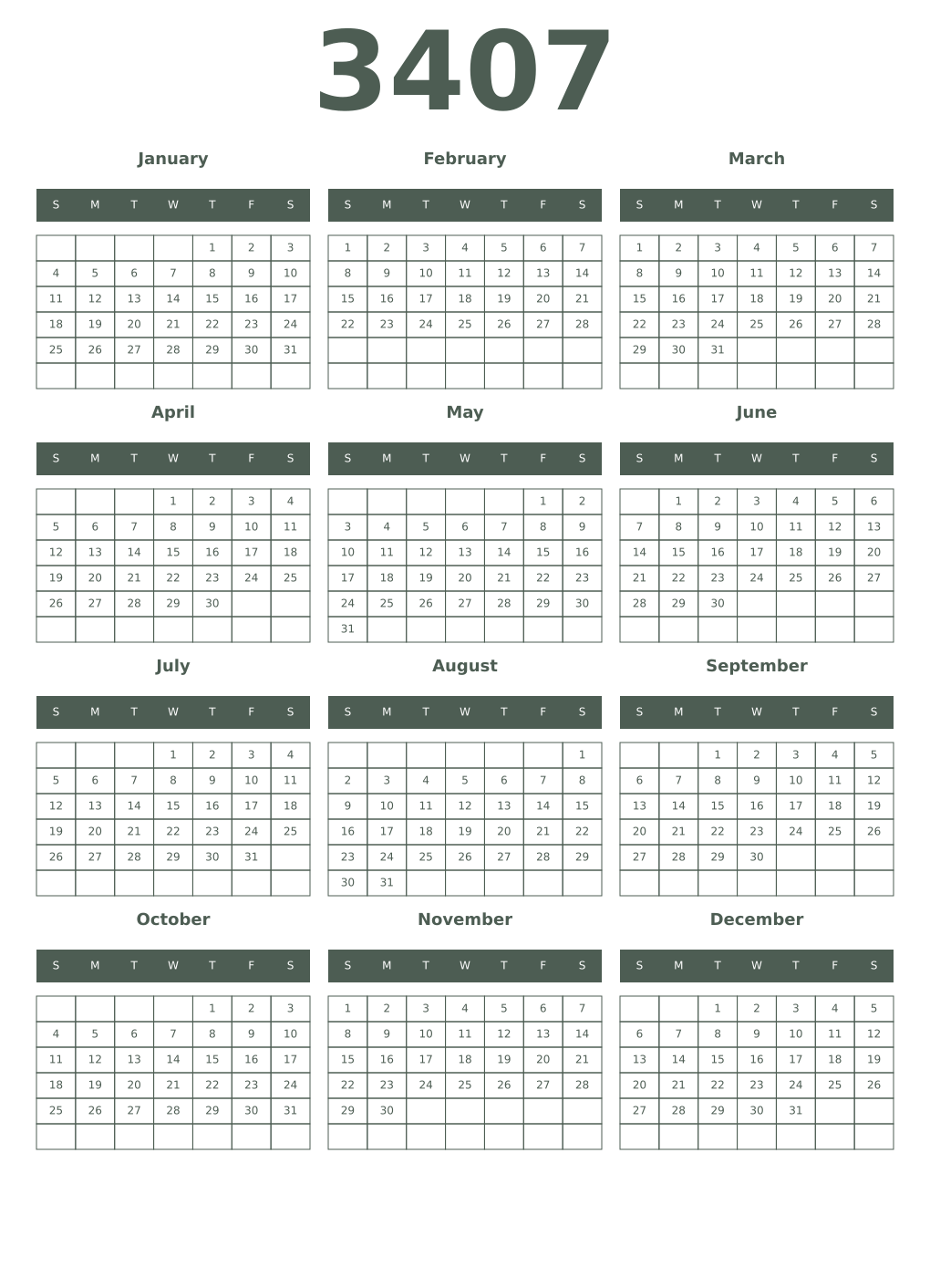 Printable 3407 Year Calendars feldgrau