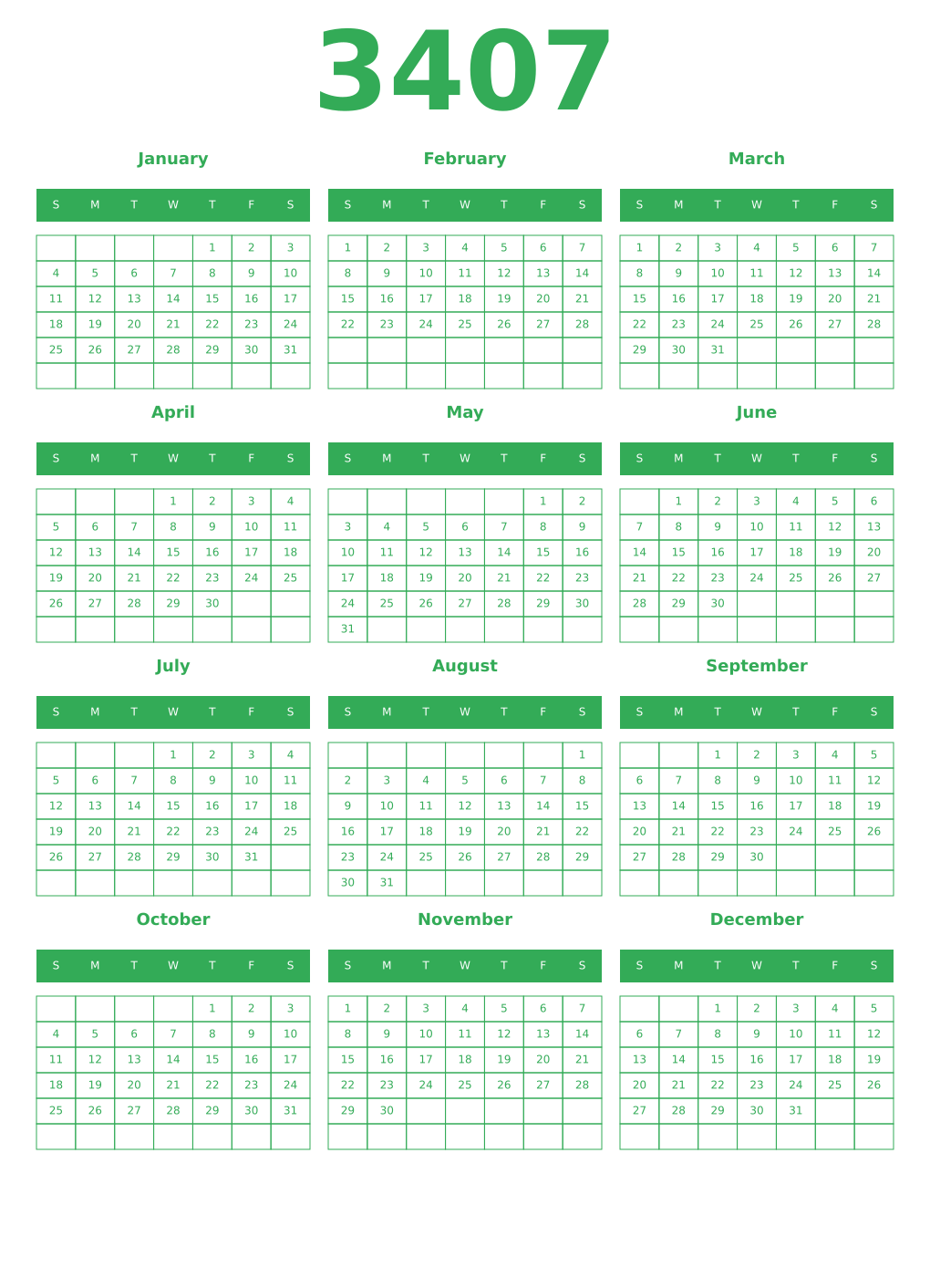 Printable 3407 Year Calendars green