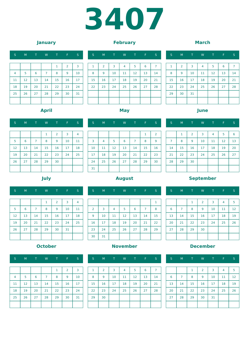 Printable 3407 Year Calendars pastel