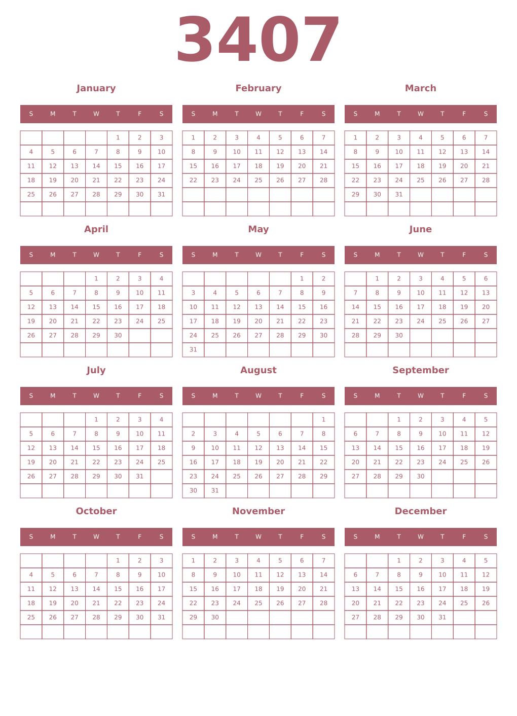 Printable 3407 Year Calendars puce