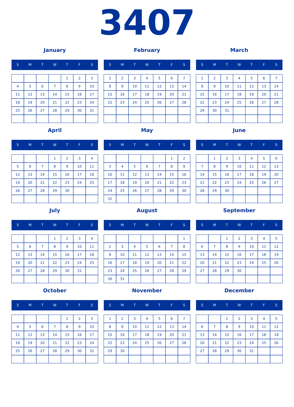 Printable 3407 Year Calendars smalt