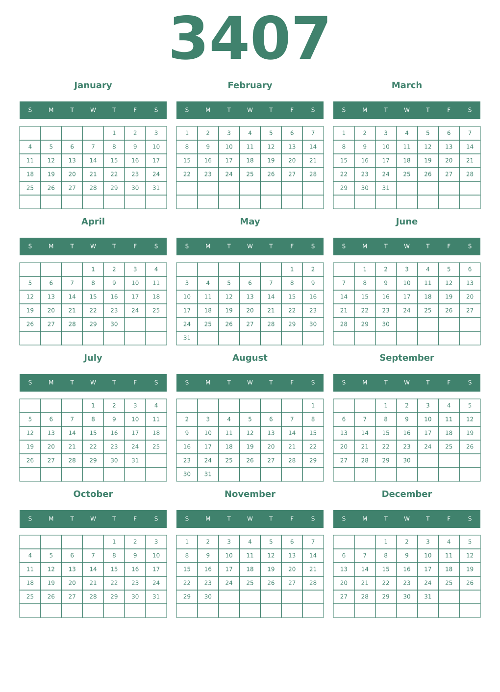 Printable 3407 Year Calendars viridian