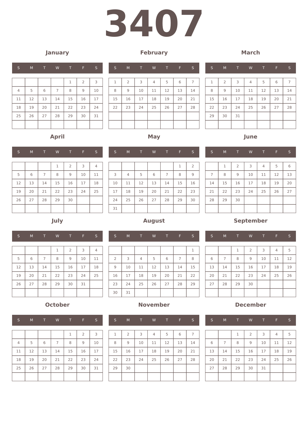 Printable 3407 Year Calendars wenge