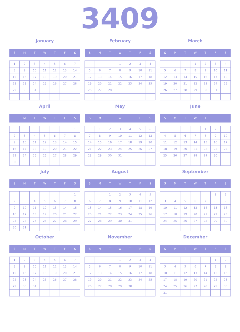 Printable 3409 Year Calendars periwinkle