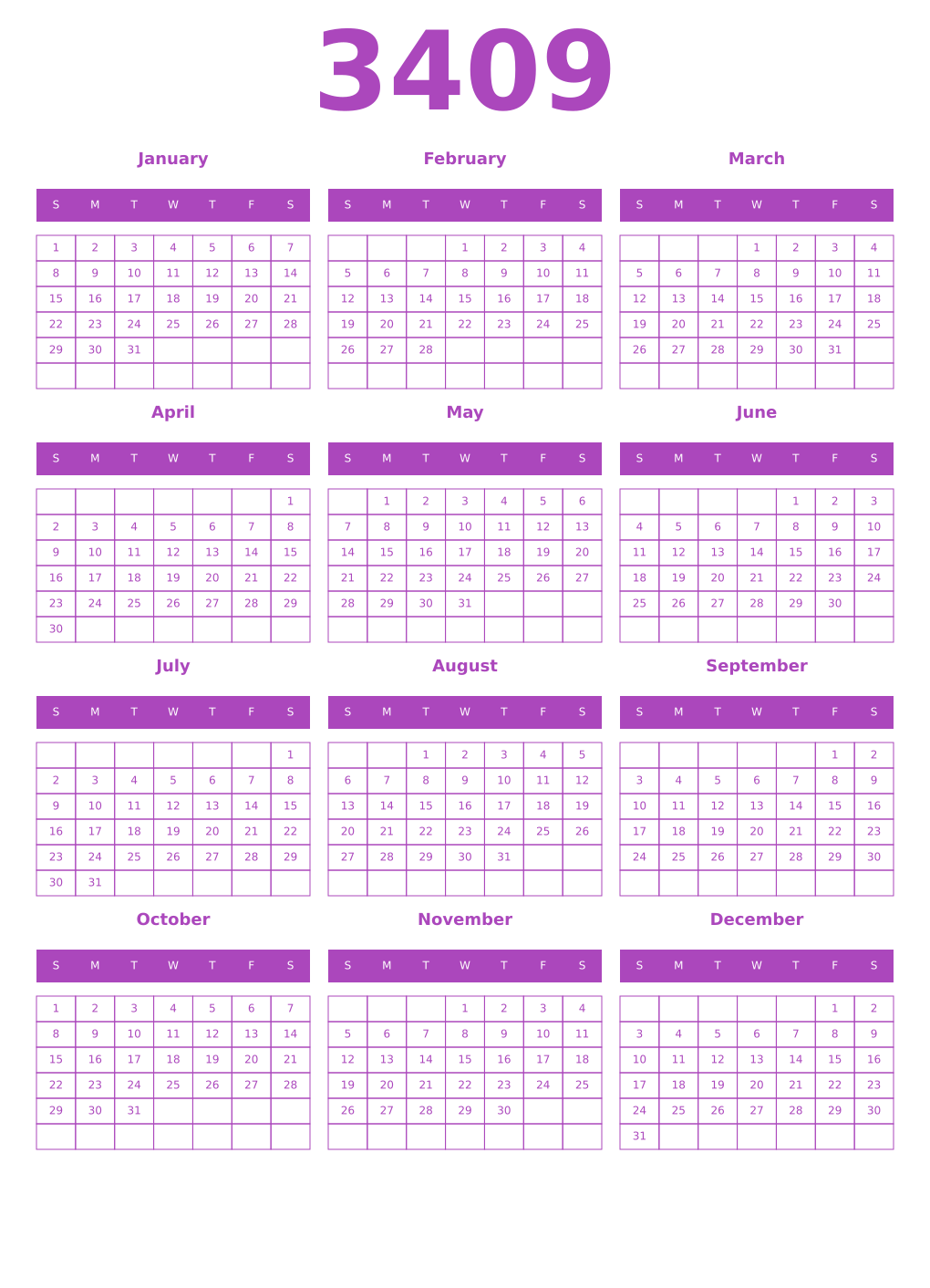 Printable 3409 Year Calendars purple