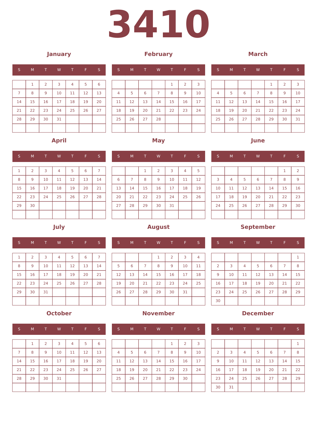 Printable 3410 Year Calendars cordovan