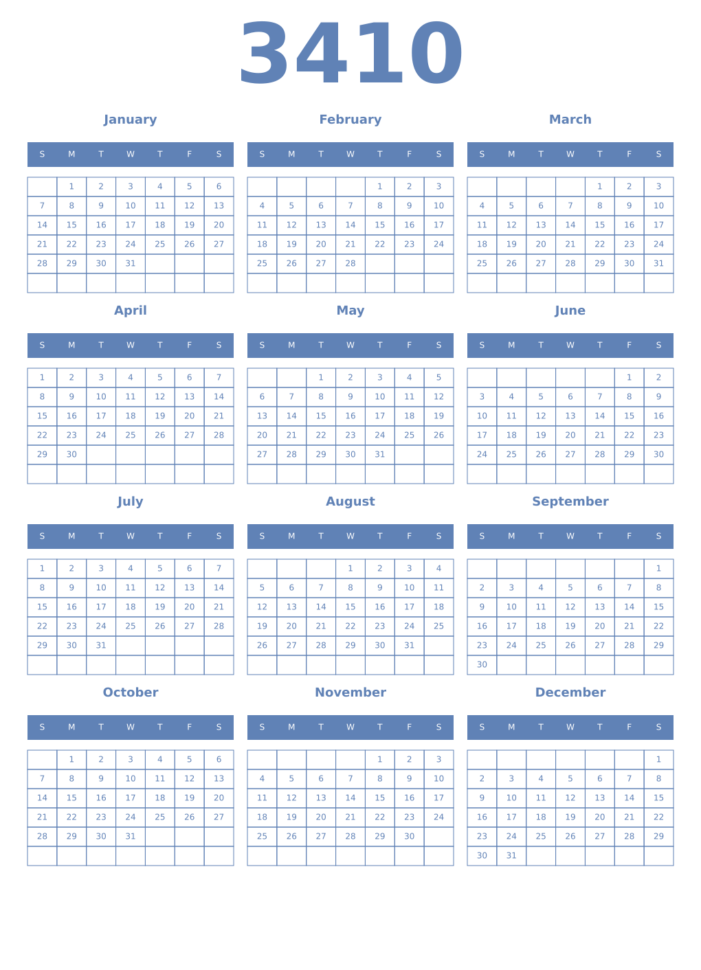 Printable 3410 Year Calendars glaucous