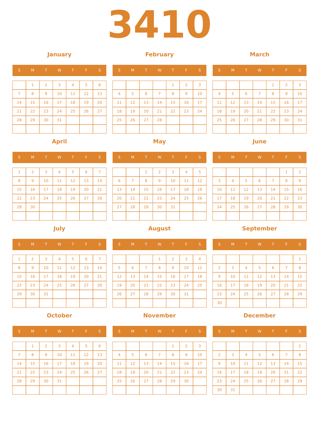 Printable 3410 Year Calendars orange