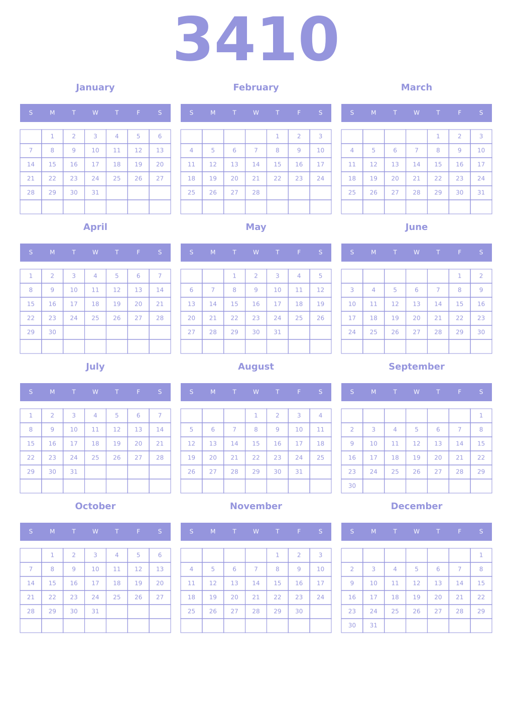 Printable 3410 Year Calendars periwinkle