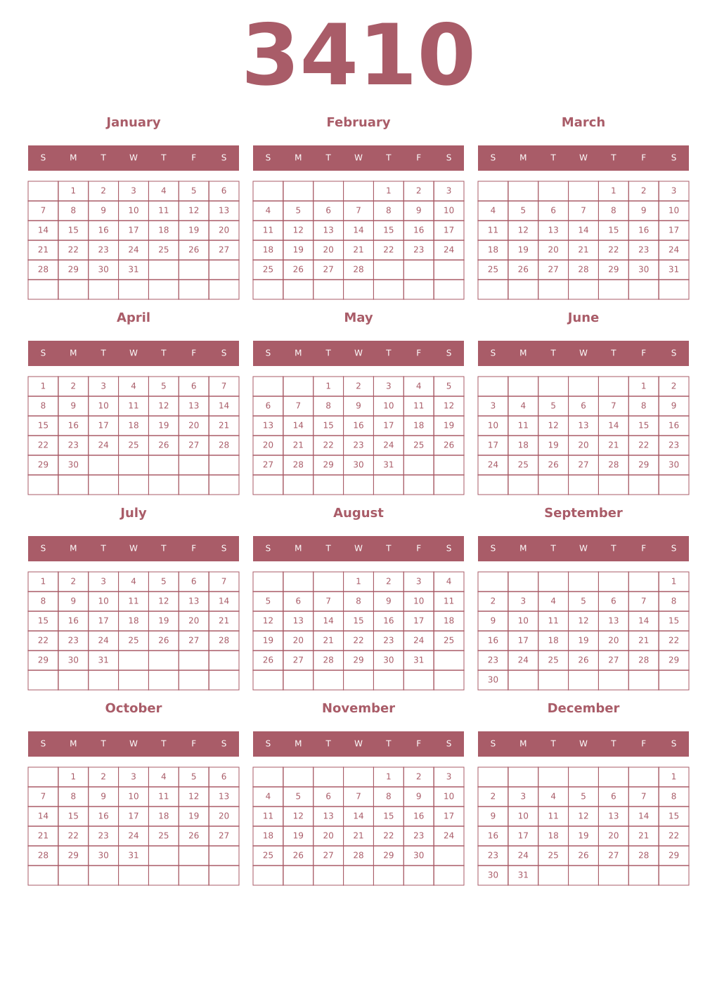 Printable 3410 Year Calendars puce