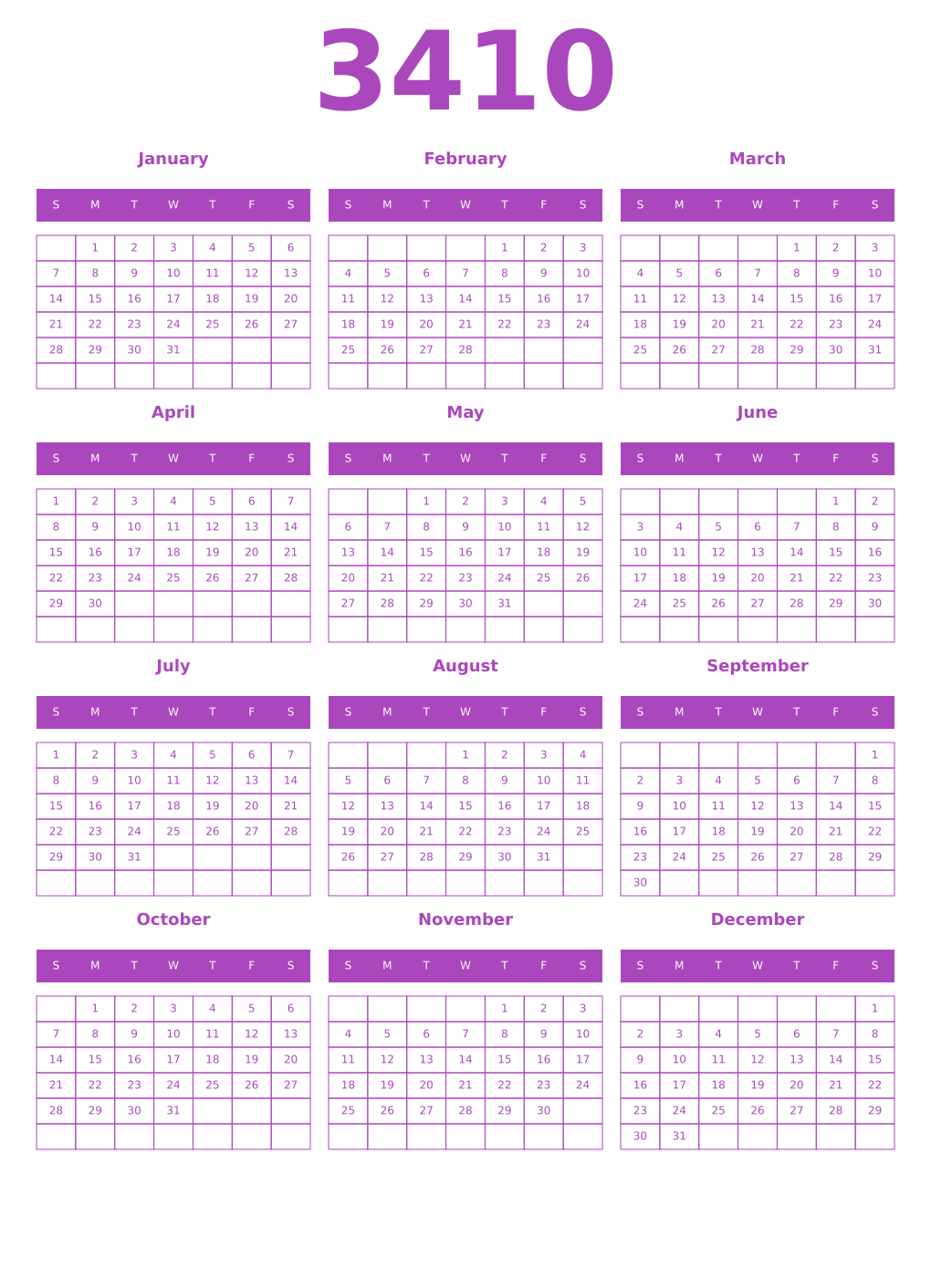 Printable 3410 Year Calendars purple