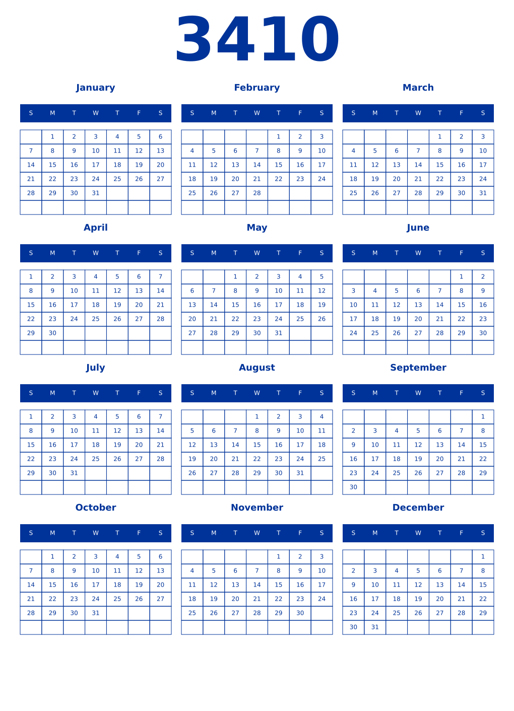 Printable 3410 Year Calendars smalt