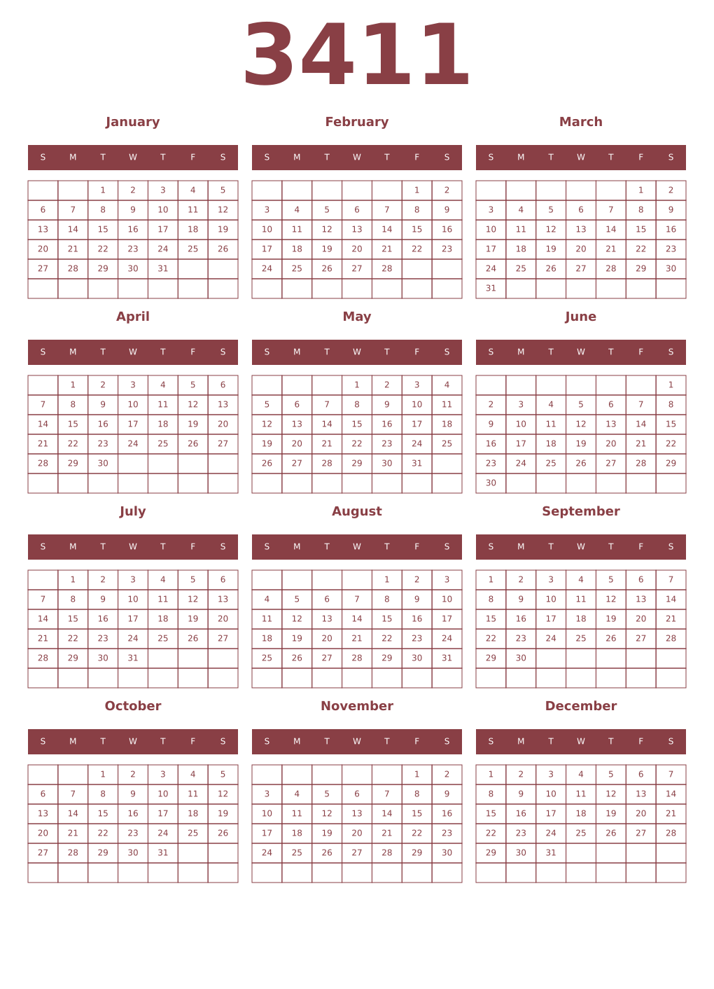 Printable 3411 Year Calendars cordovan