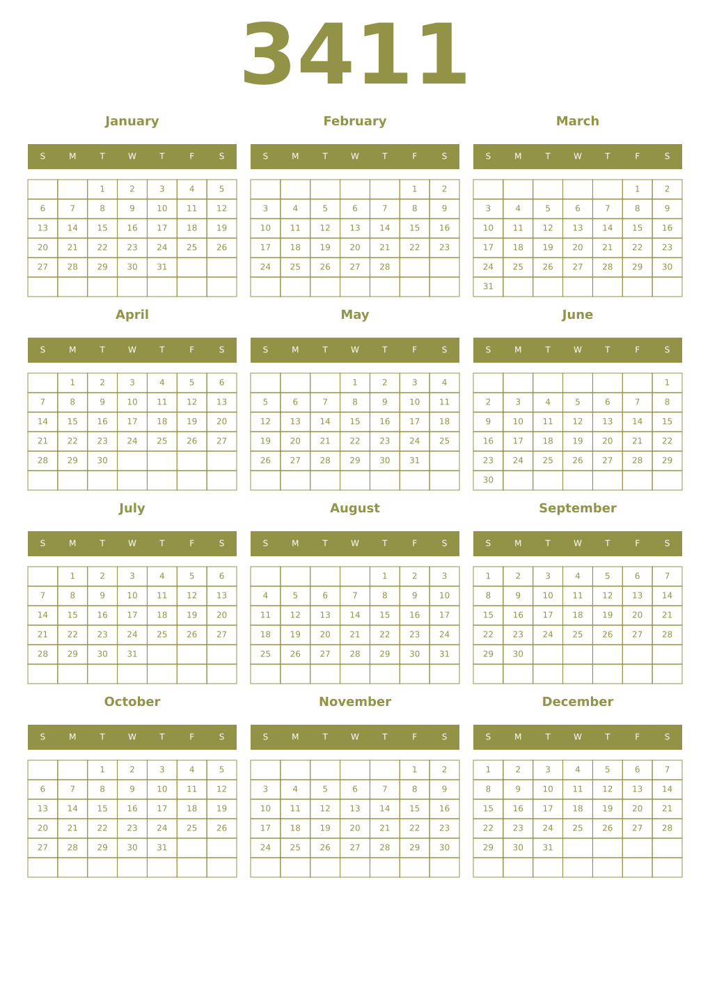 Printable 3411 Year Calendars eburnean
