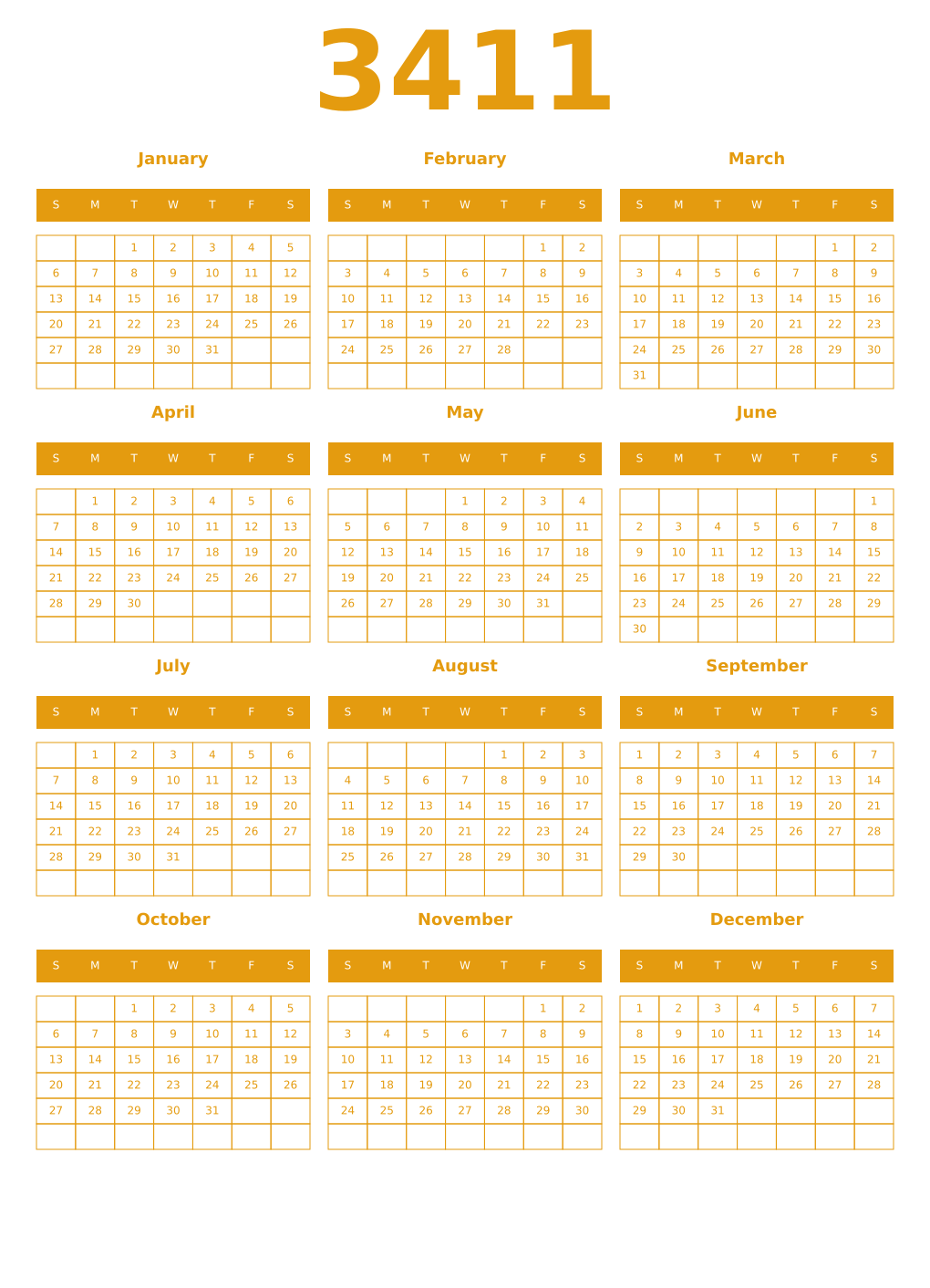 Printable 3411 Year Calendars gamboge