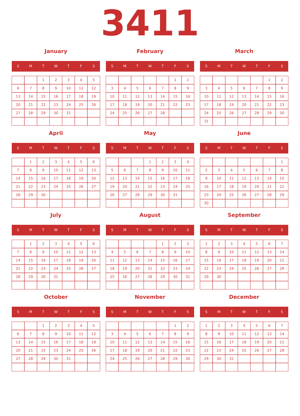 Printable 3411 Year Calendars red
