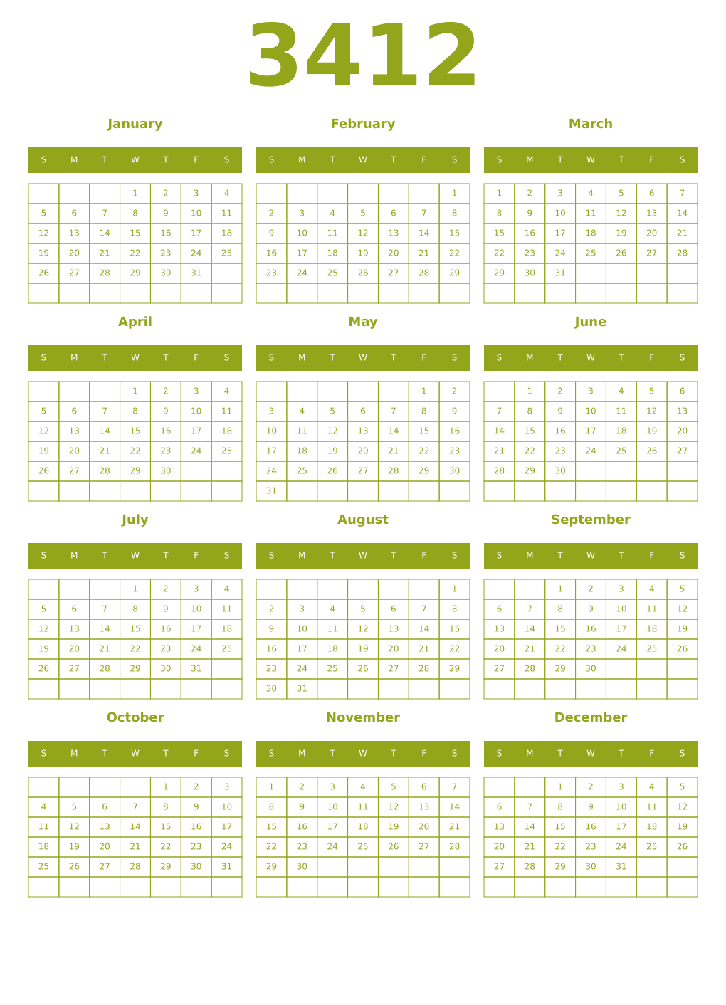 Printable 3412 Year Calendars chartreuse