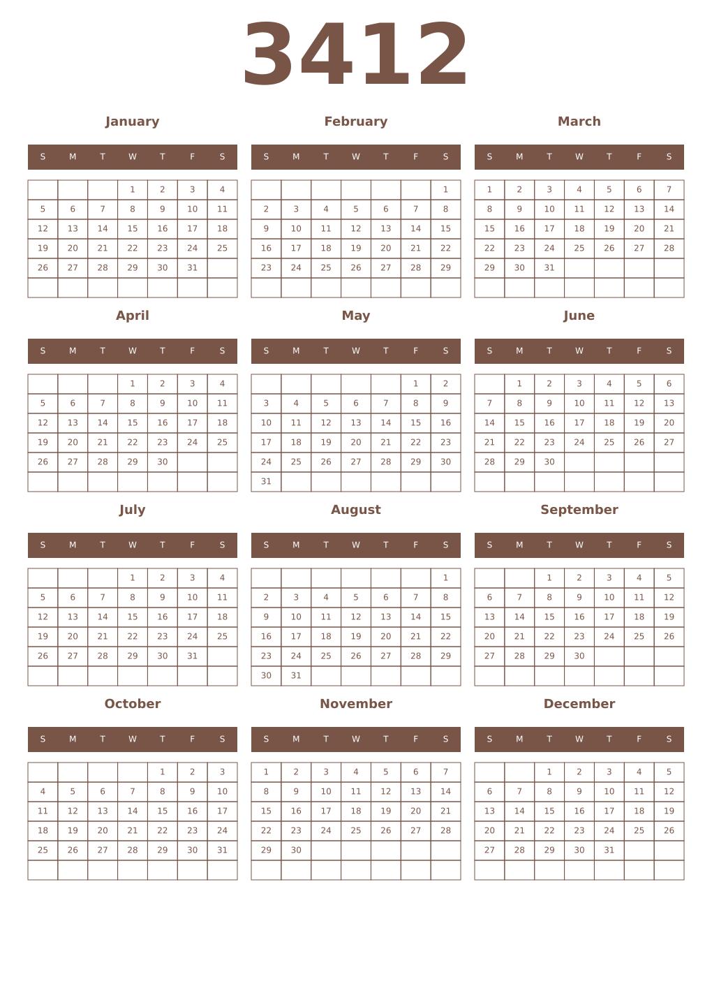 Printable 3412 Year Calendars coffe