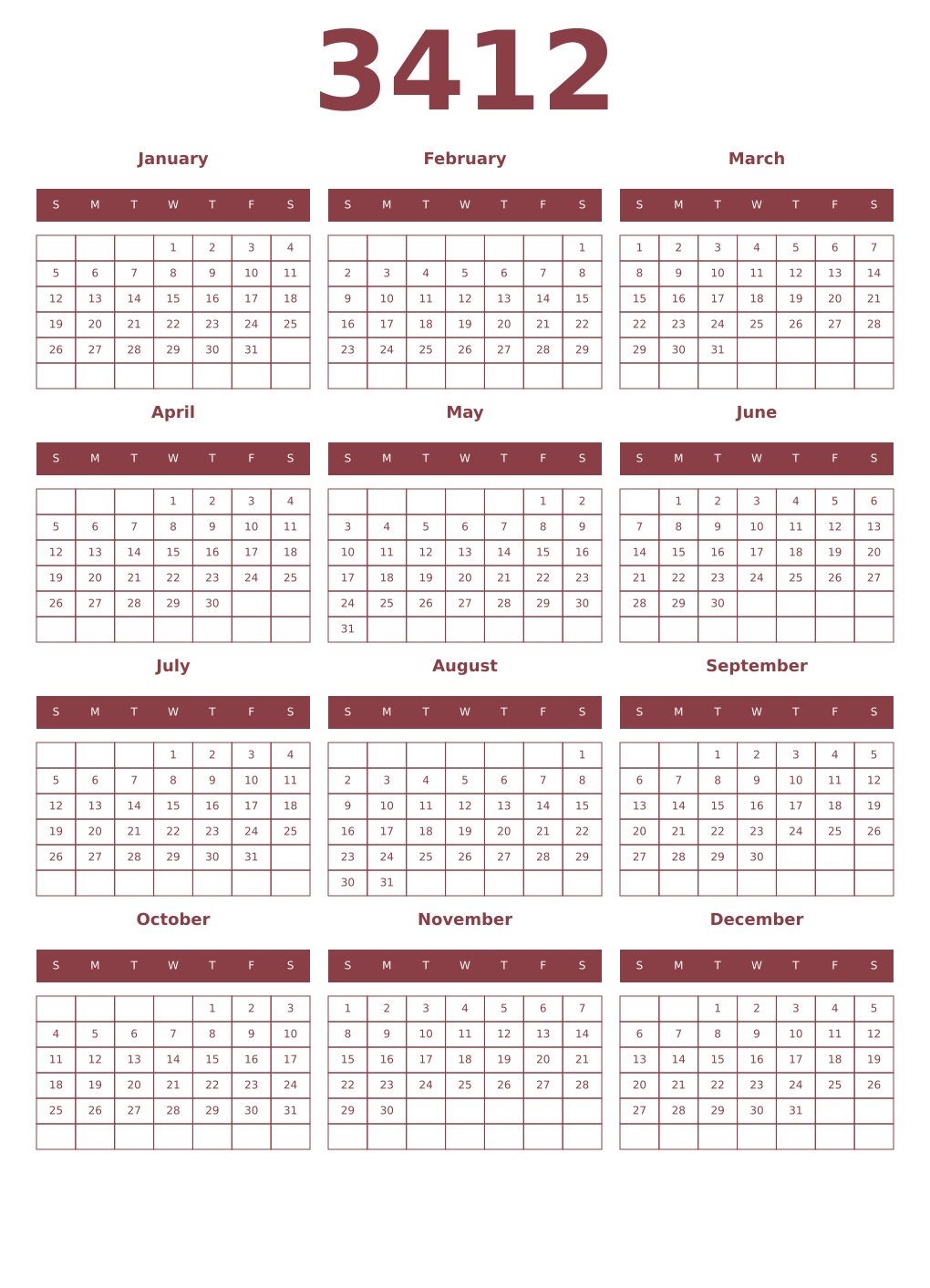 Printable 3412 Year Calendars cordovan