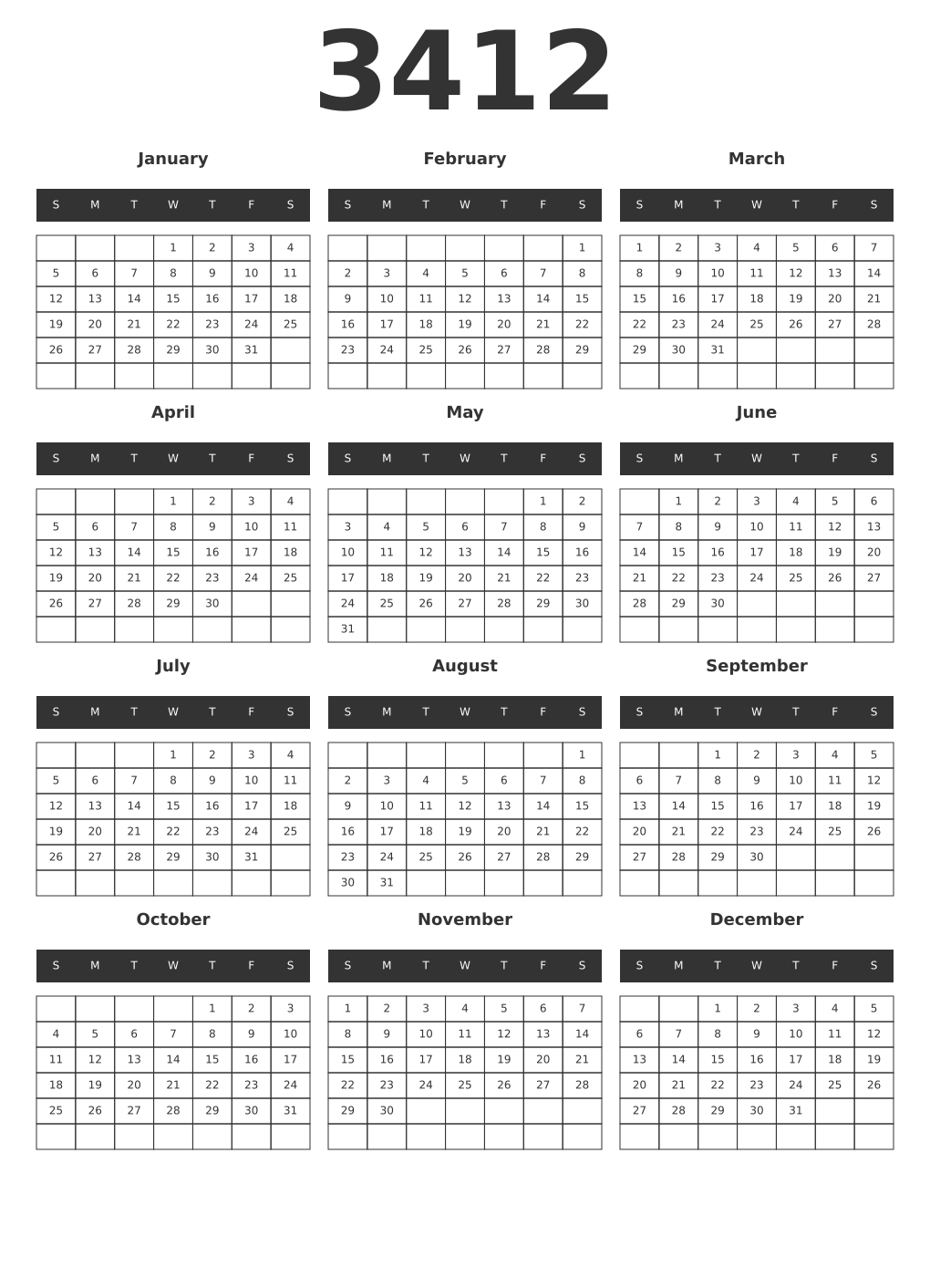 Printable 3412 Year Calendars dark