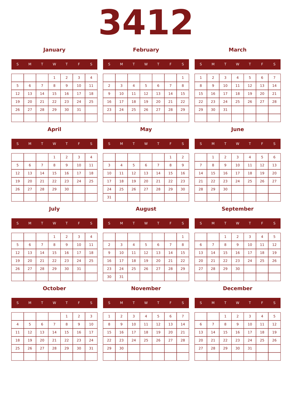 Printable 3412 Year Calendars falu