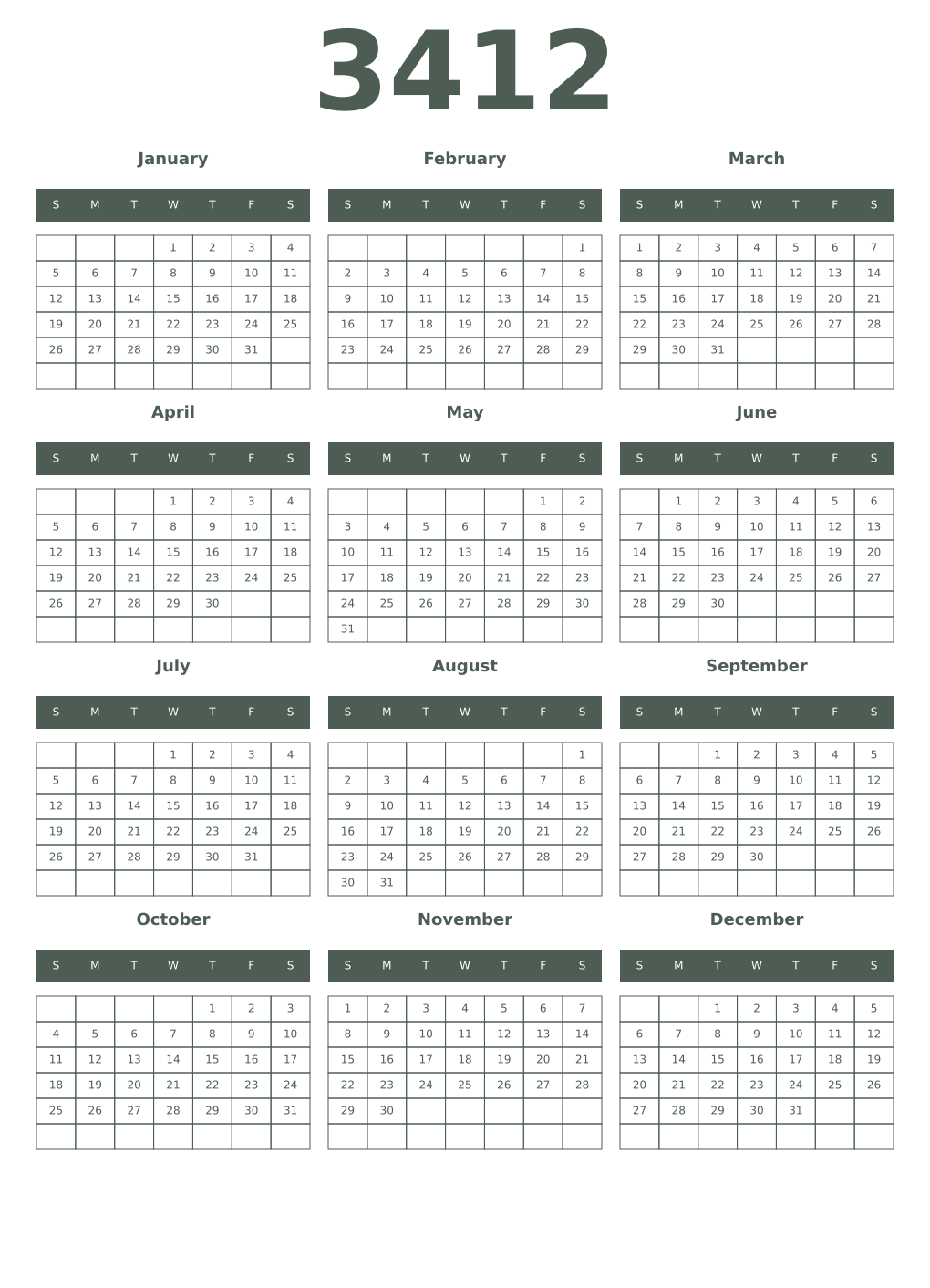 Printable 3412 Year Calendars feldgrau