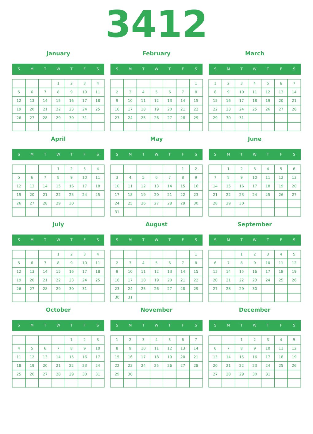 Printable 3412 Year Calendars green