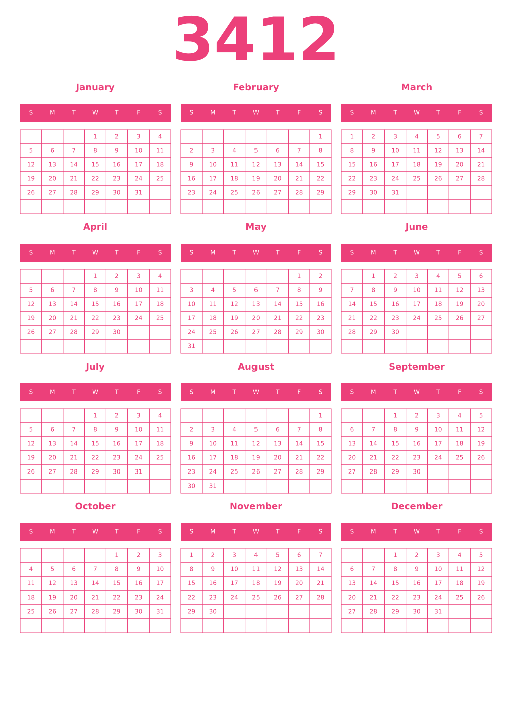 Printable 3412 Year Calendars pink