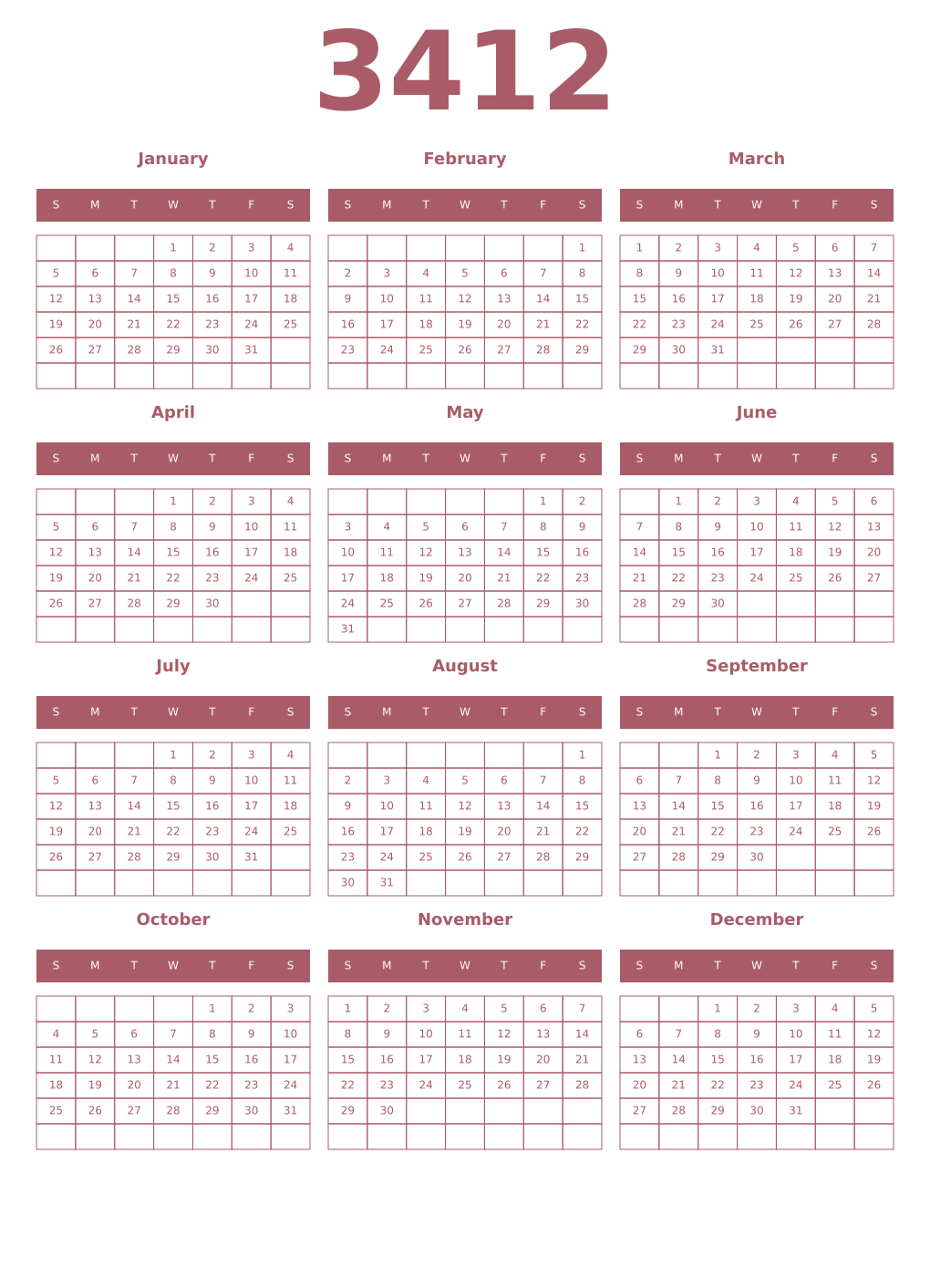 Printable 3412 Year Calendars puce
