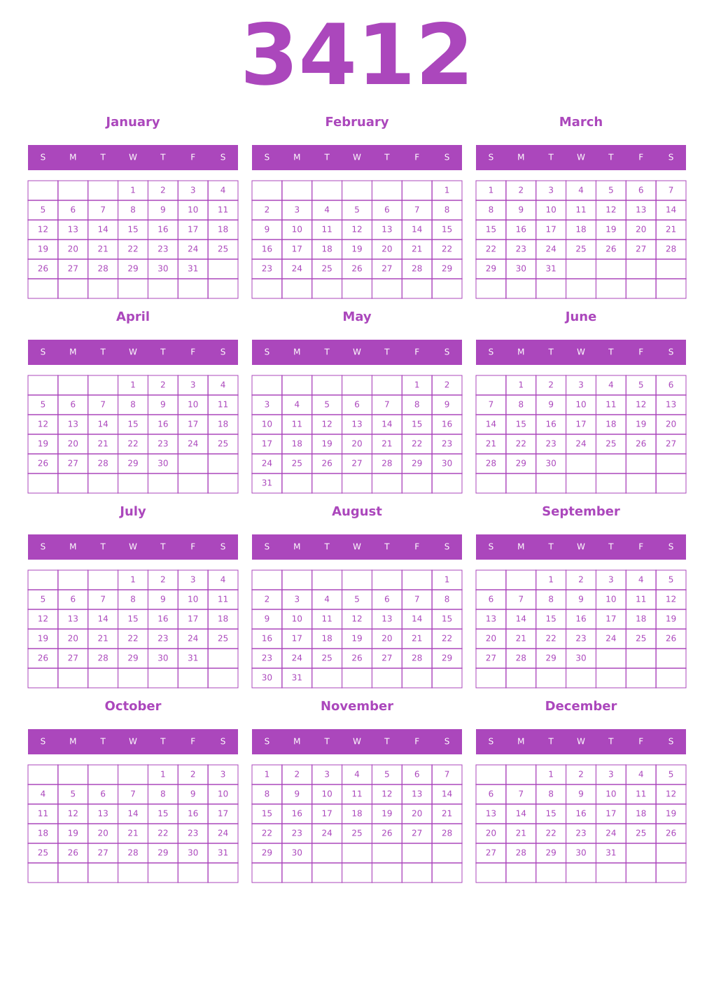 Printable 3412 Year Calendars purple