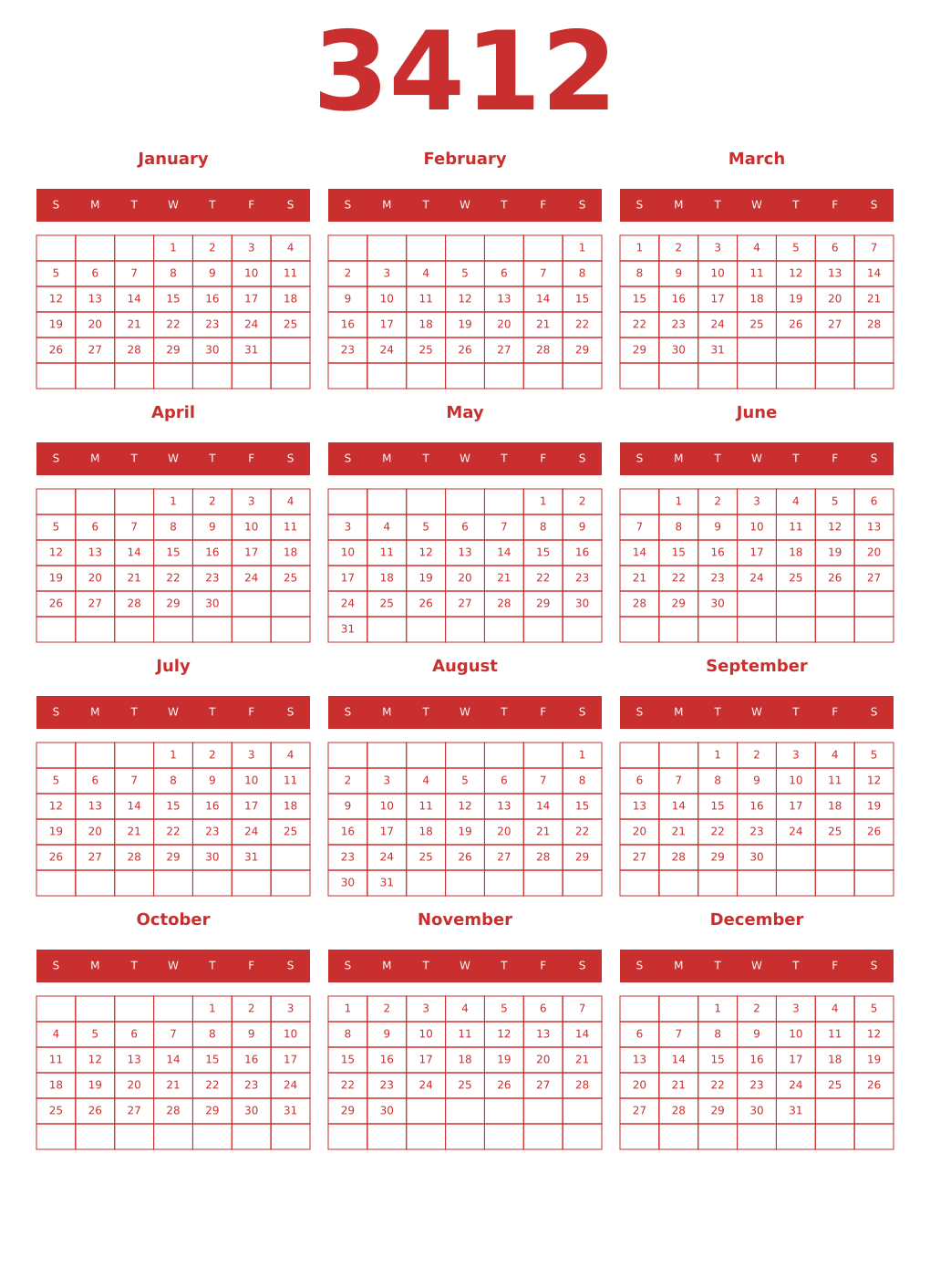 Printable 3412 Year Calendars red