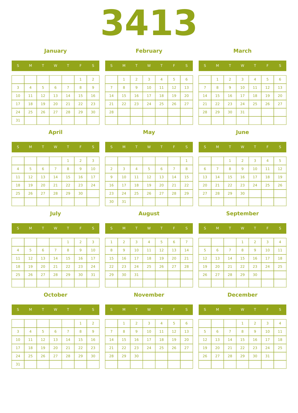 Printable 3413 Year Calendars chartreuse